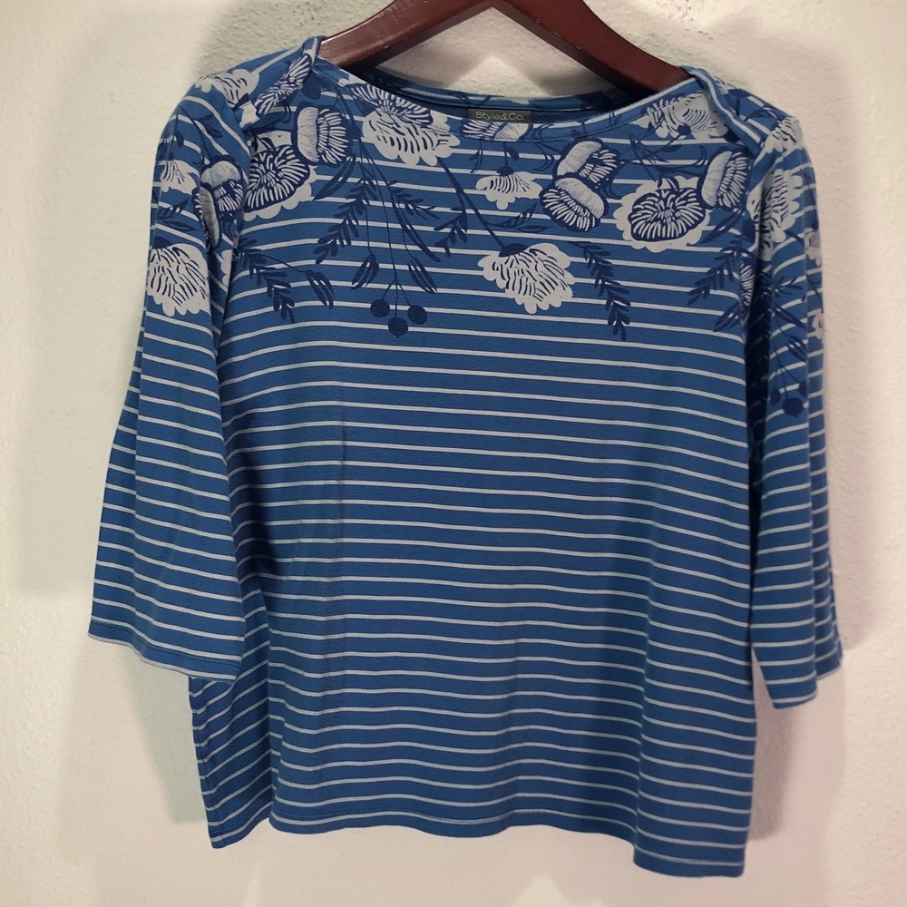 Style & Co Womens 2X Pima Cotton Blue Striped Floral 3/4 Sleeve Boat Neck Top